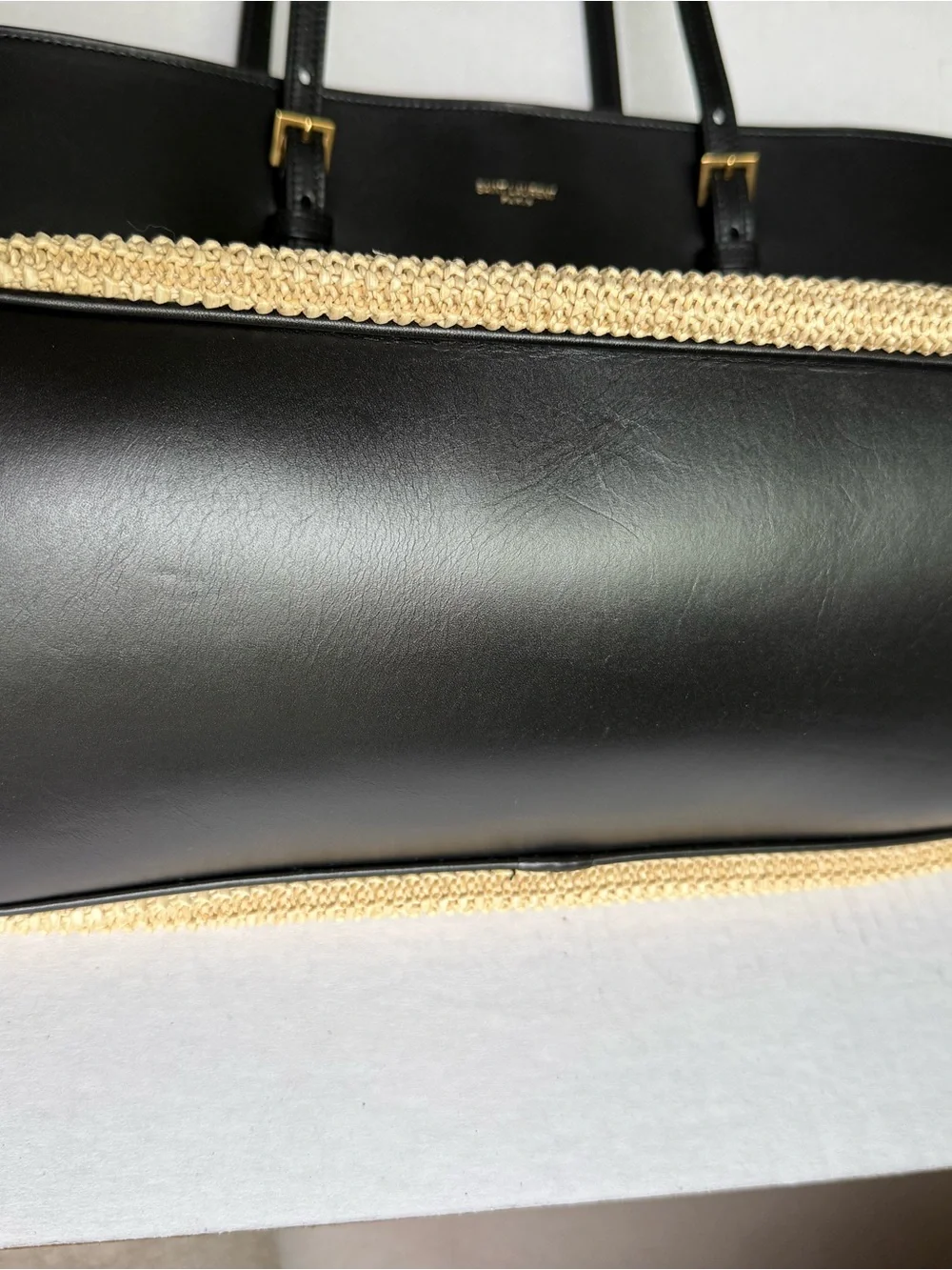 Authentic Saint Laurent Black & Natural Boucle Raffia Tote Bag with Dust Bag